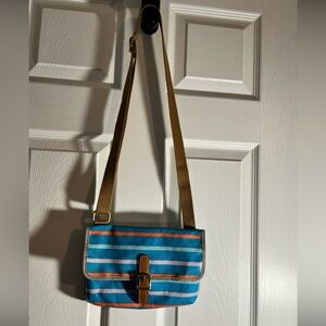 Fossil Striped Crossbody Bag Blue Orange Canvas Leather Trim Adjustable Strap